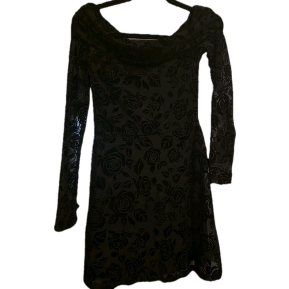 NWT Size XS Black Velvet with Rose Pattern Lined Long Sleeve Dress Wild Fable